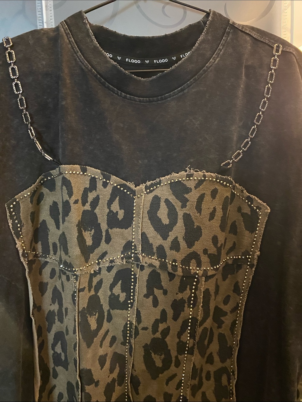 NWT, Oversized Black Top with Leopard Bustier Detail with attached Hanging Chain